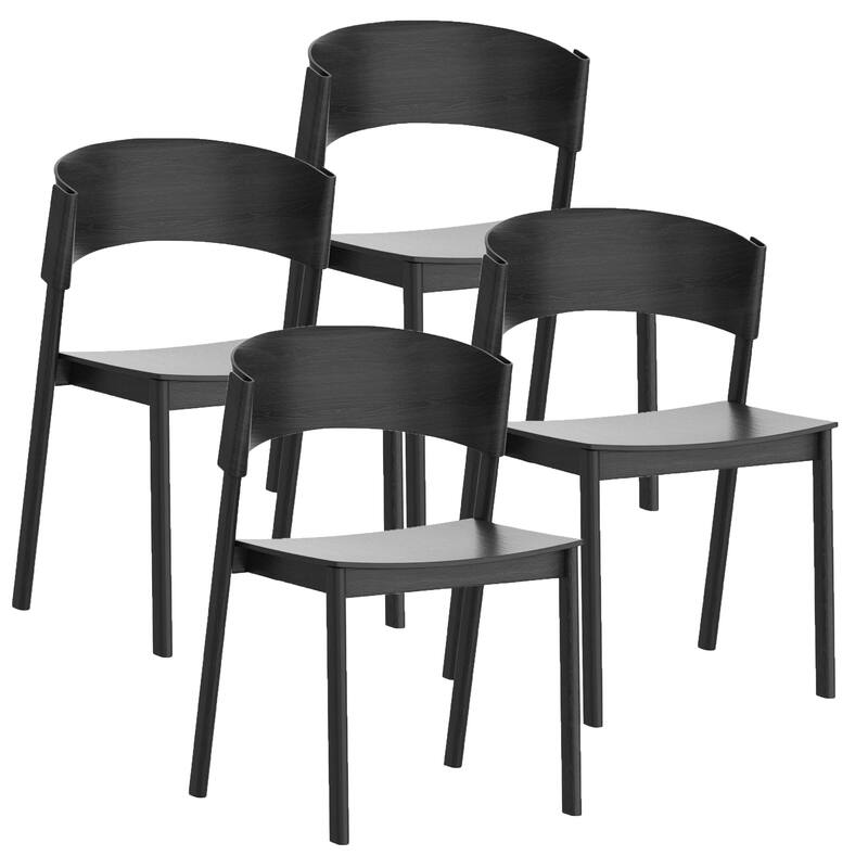 Mid-Century Modern Solid Wood & Oak Veneer Dining Chair, Set of 4 - Black