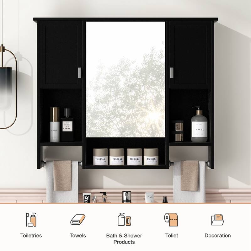 GDFStudio - Auburn Modern Wall-Mounted Bathroom Storage Cabinet with Mirror and Towels Bar - 35'' x 28''