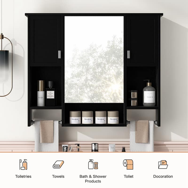 Roomfitters 35"x28" Wall Mounted Mirror Cabinet, Bathroom Storage with Towel Bar, Modern Medicine Cabinet for Wall Use, Black