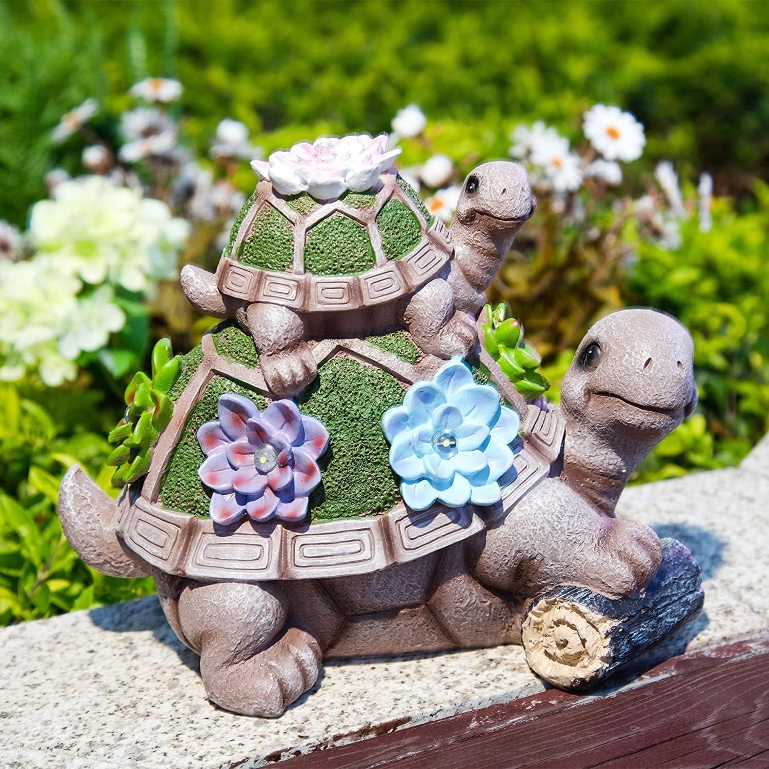 Resin Turtles Figurine with Succulent and 5 LEDs Solar Outdoor Lights Mother and Child Turtle Bed Bath Beyond 42387919