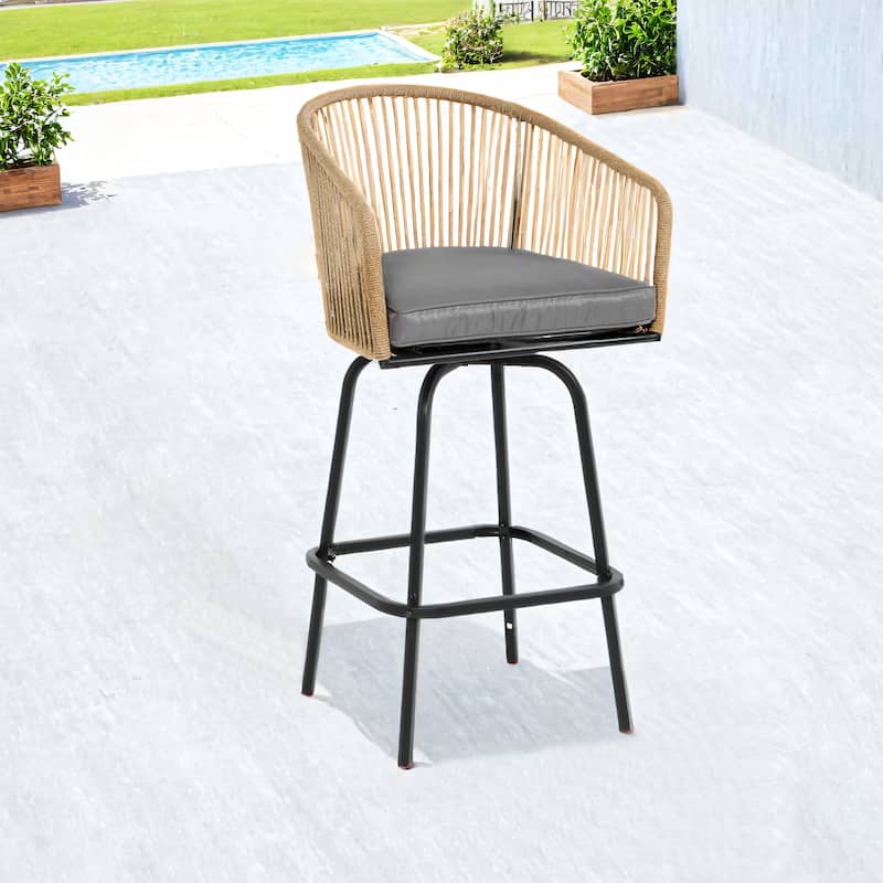 Outdoor Bar Stools Set of 4,All-Weather PE Rattan Bar Chairs with Armrests and Backrest