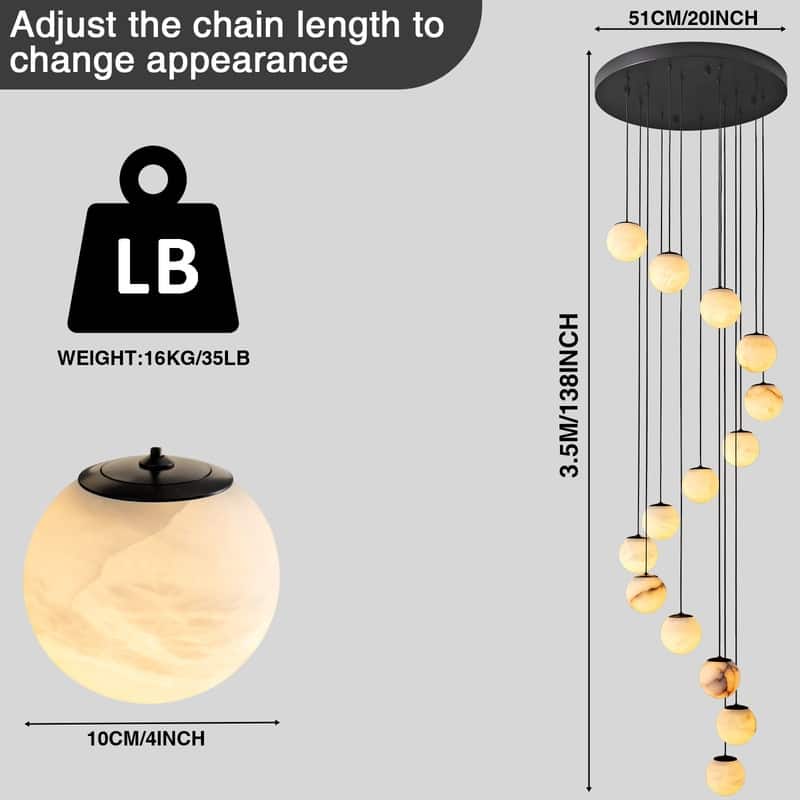 KAYLA Luxury 14-Light Alabaster Globe Chandelier in Vintage Copper Finish, Grand Pendant Light for Stairwells or Foyers - 138in