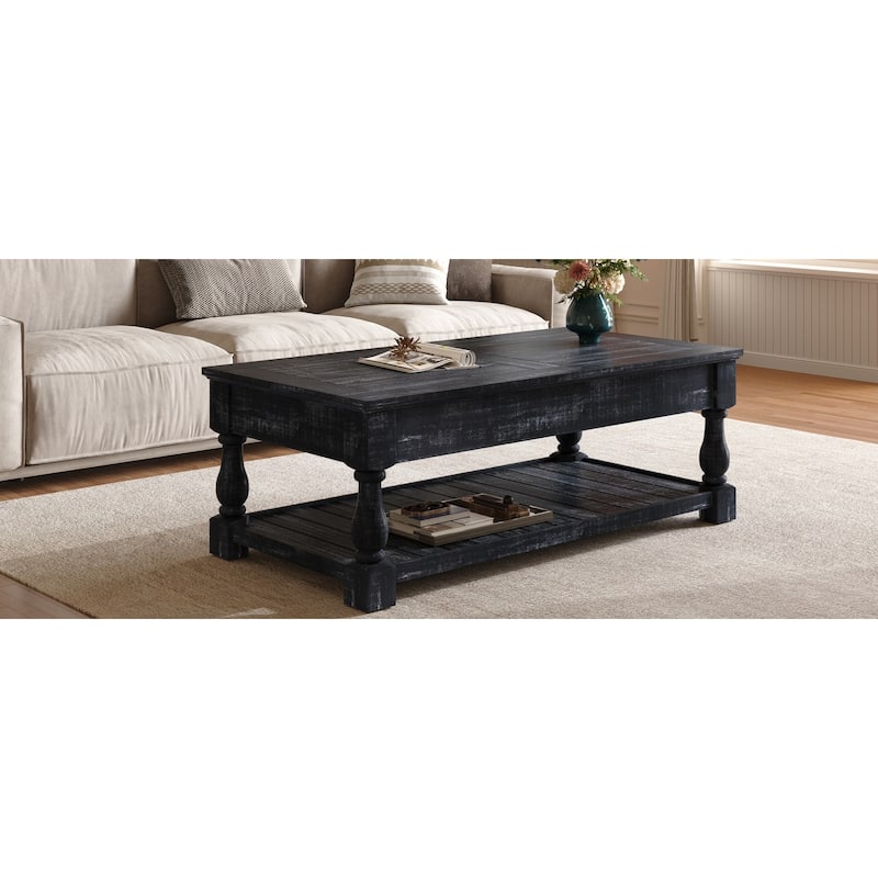 Farmhouse Lift Top Coffee Table with Fixed Shelf - 3 Hidden Storage Trays, Handsomely Crafted in Weathered Black Finish