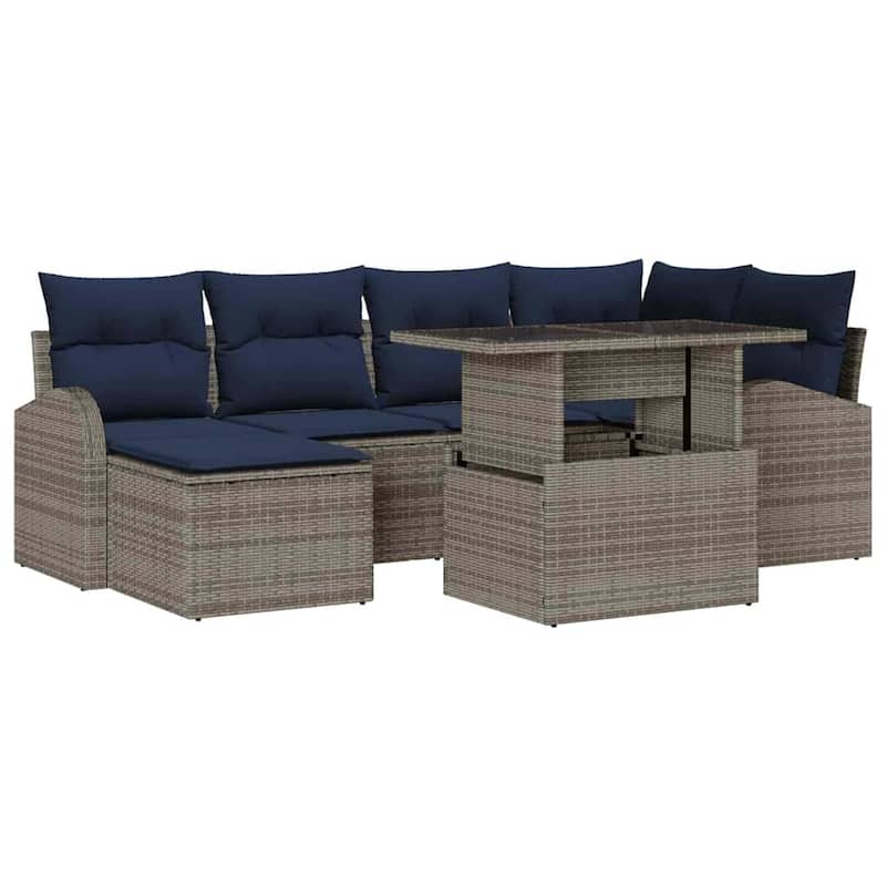 vidaXL 7 Garden Sofa Set with Cushions Black/Brown/Grey Poly Rattan - 92.1 x 48.8 x 27.2