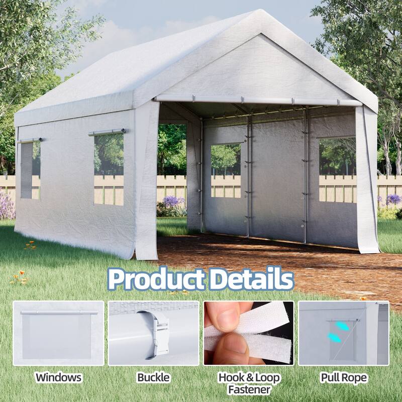 Heavy Duty Enclosed Carport Shelter, Waterproof UV-Resistant Canopy with Steel Frame & Roll-Up Windows
