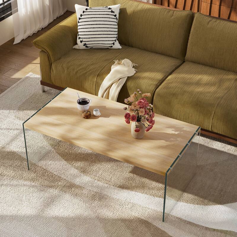 Modern Tempered Glass Coffee Table Floating Wood Tabletop - 48" L x 24" W x 18" H