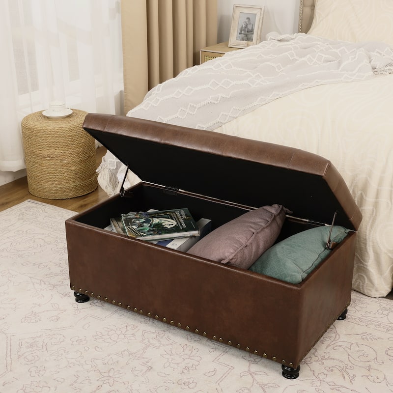 Adeco Rectangular Storage Ottoman Tufted Faux-Leather Bench Lifted Top