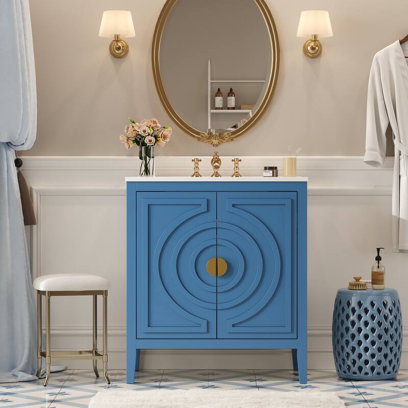 30" Bathroom Storage Cabinet with 2 Soft Closing Doors with Organizer,1 Hided Drawer and Adjustable Shelf, Vanity with Sink - Blue