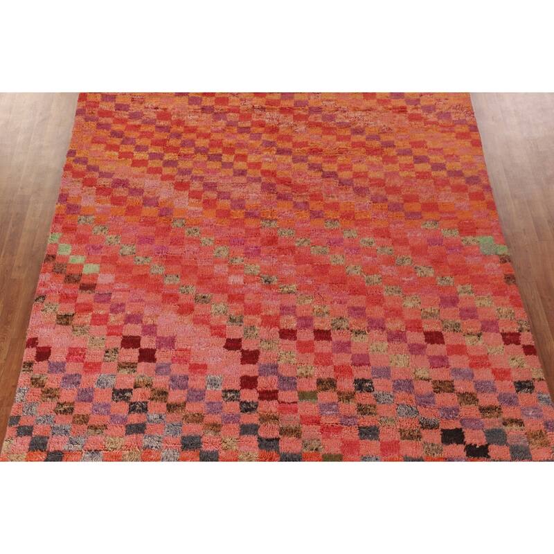 Coral Checkered Moroccan Area Rug Hand-Knotted Wool Carpet - 8'11" x 12'7"