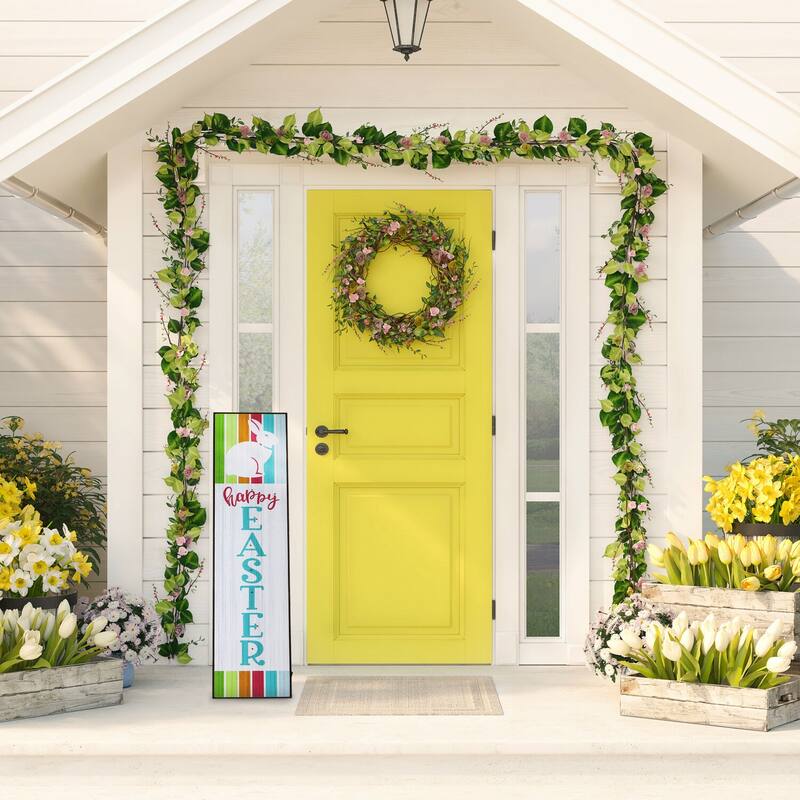 Fraser Hill Farm 45-In. HAPPY EASTER Porch Leaner Sign w/Battery-Operated LED Lights, Festive Spring Decoration, Multi Stripes