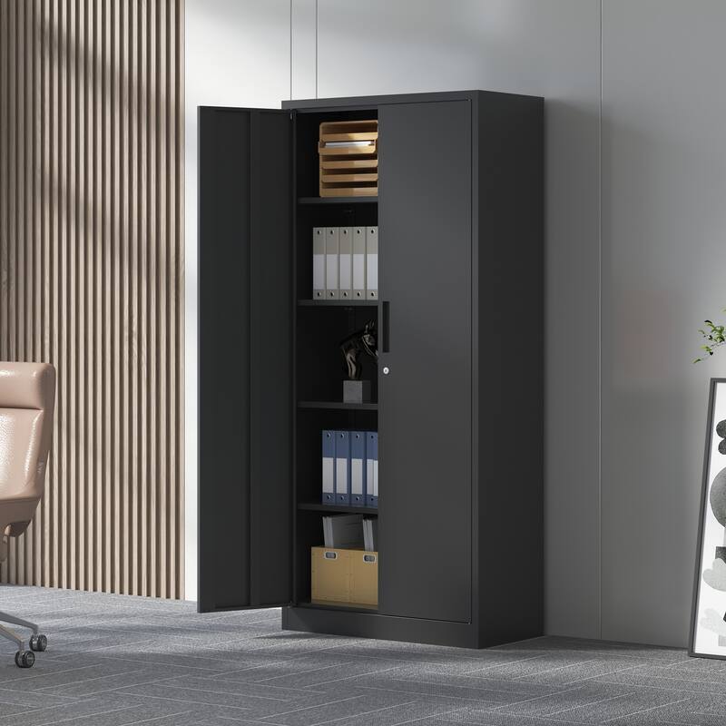 71"H Garage Storage Cabinet, Black Tool Steel Locking Cabinet with Doors and 4 Shelves, Tall Cabinets for Garage Storage Systems - Black