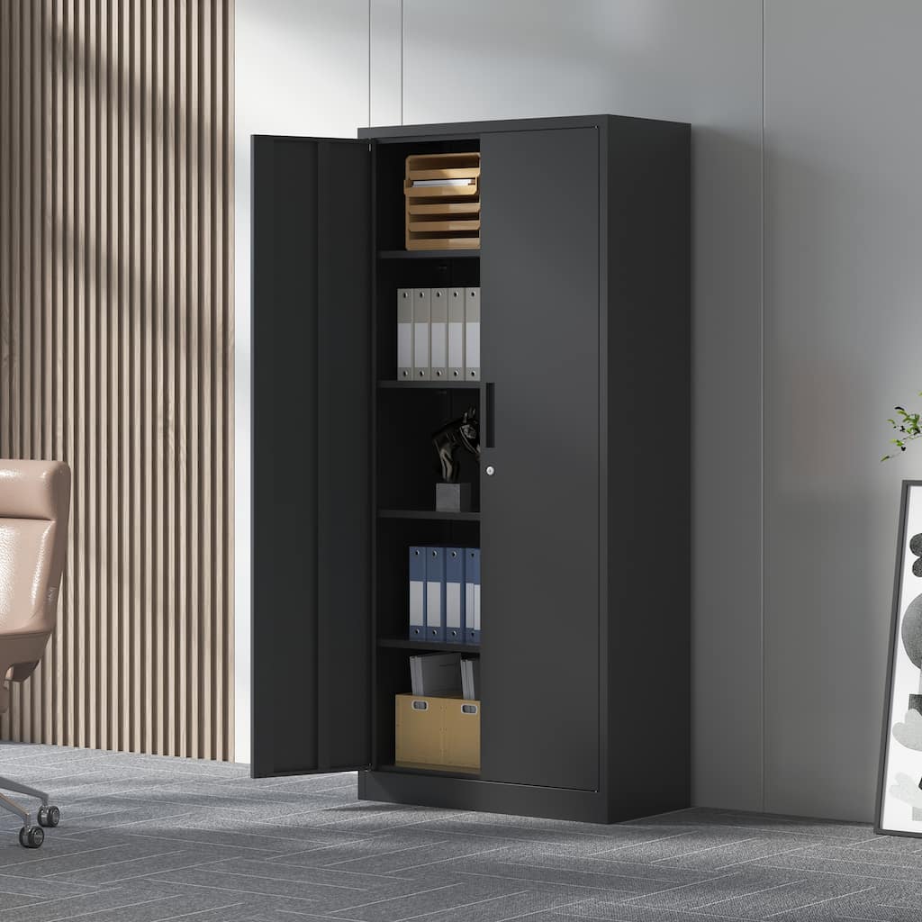 71"H Garage Storage Cabinet, Black Tool Steel Locking Cabinet with Doors and 4 Shelves, Tall Cabinets for Garage Storage Systems