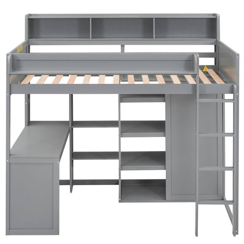 Gray Twin Size Wood Loft Bed with Multiple Storage Shelves, Wardrobe, and Built-in Desk