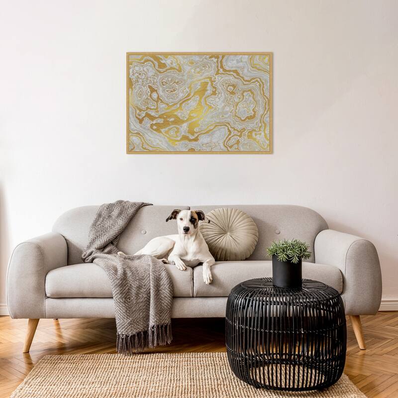 White and Yellow Marble Swirl I by Amini54 Framed Canvas Wall Art Print