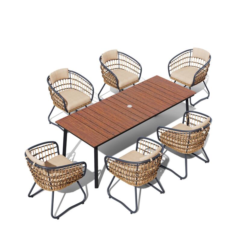 7PC Outdoor Patio Dining Set With Umbrella Hole Table Rattan Chairs