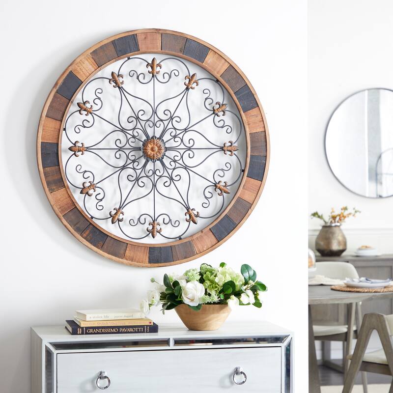 Brown Wood Medallion Scroll Home Wall Decor with Metal Fleur-De-Lis Detail - Brown