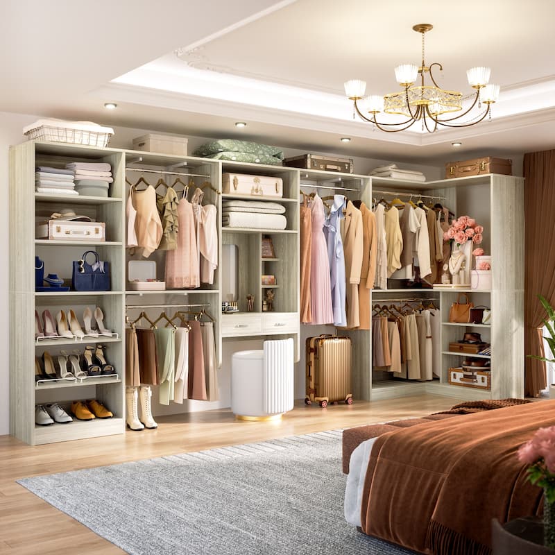 Cimly 131'' - 156'' Closet System with Makeup Vanity, All-in-one Corner Closet Organizer with Shoe Rack and Tower Shelves