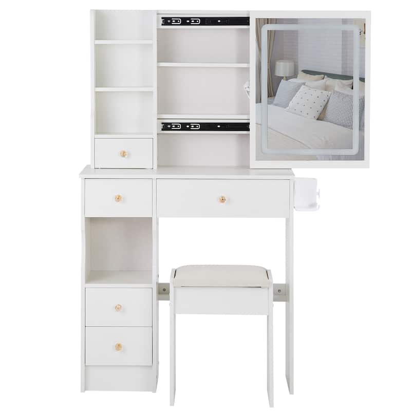 29.2"Small Size Drawer Desktop Vanity Table+Cushioned Stool,2 AC+2 USB Power Station,Hair dryer bracket,Touch Control LED Mirror