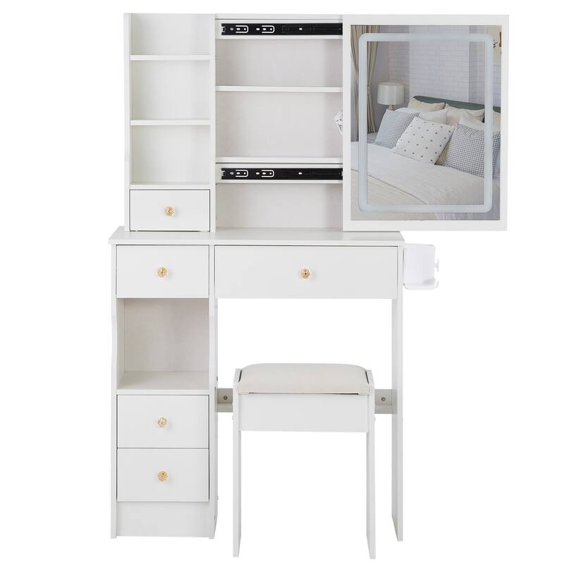 29.2"Small Size Left Drawer Desktop Vanity Table+Cushioned Stool,Hair dryer bracket,Extra Large Touch Control Sliding LED Mirror