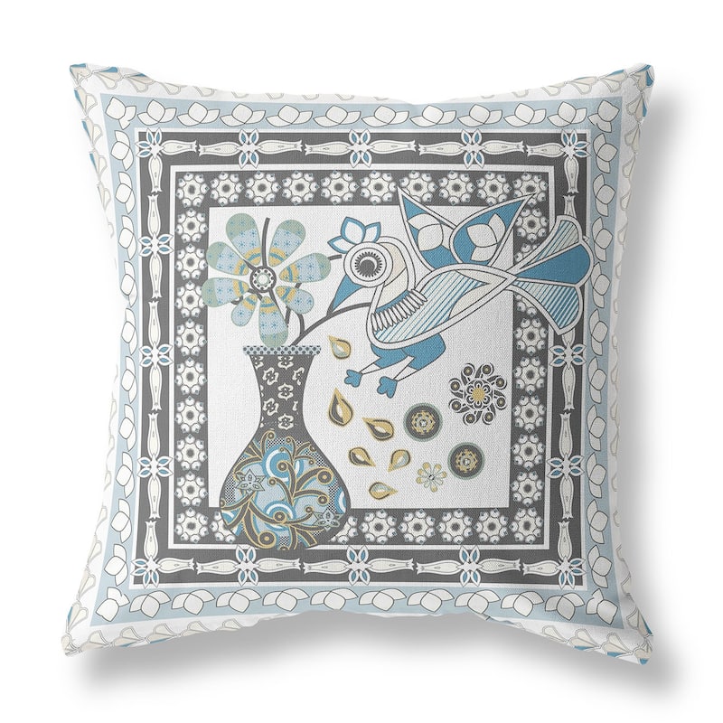 HomeRoots 16" x 16" Blue and White Bird Blown Seam Abstract Indoor Outdoor Throw Pillow - 16.00' X '5.00' X '16.00