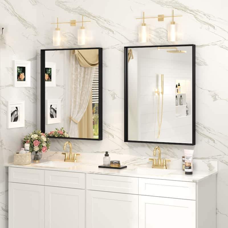 Full Size Metal Frame Wall Mirror Black Tempered Glass for Bathroom