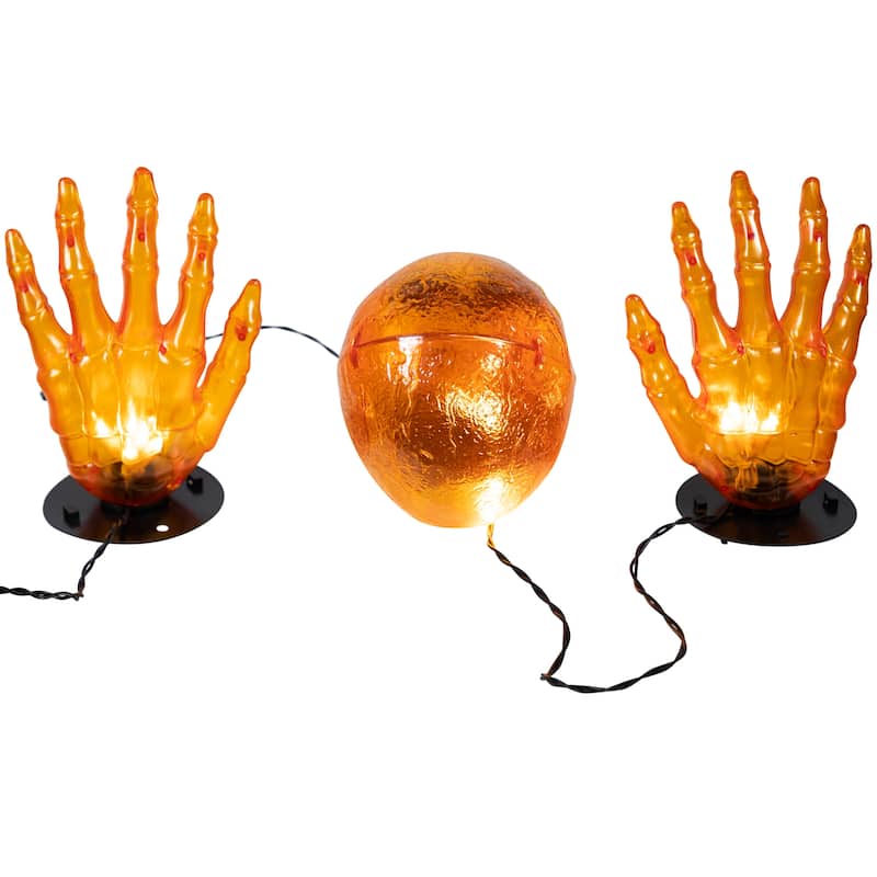 LED Lighted Skull and Hands Outdoor Halloween Decoration - 4' Black Wire - Orange