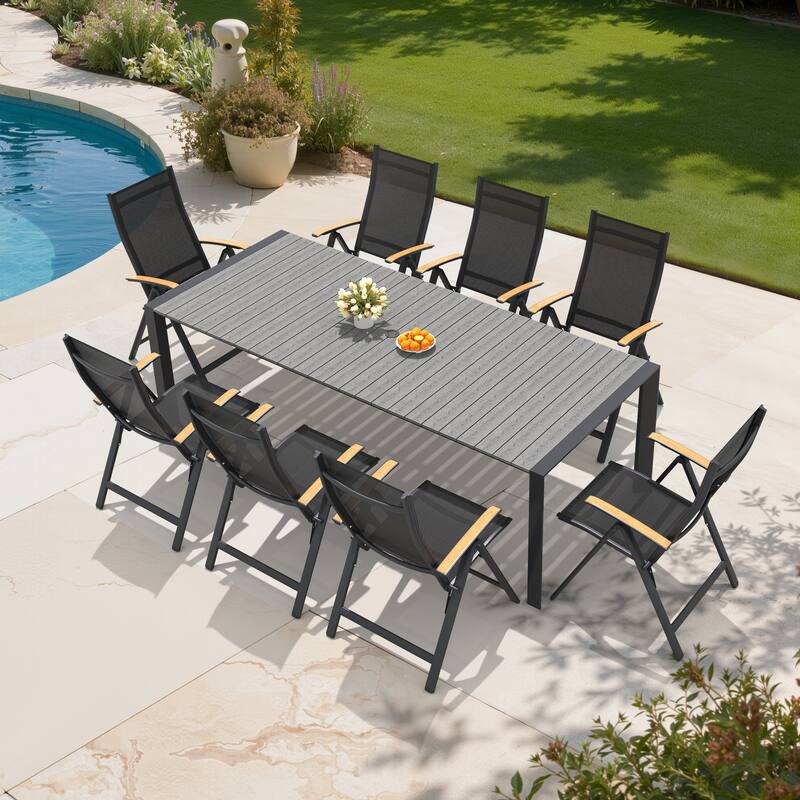 7/9/11-Piece Outdoor Patio Dining Set Aluminum Rectangular Dining Table and Adjustable Folding Chairs - Grey - Set of 9