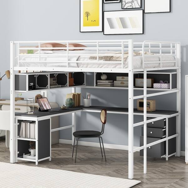 slide 2 of 14, Contemporary Modern Design Full Size Loft Bed with Built-In Ladder,Bookcase and Desk Beneath,Multiple Storage Space Metal Bed White