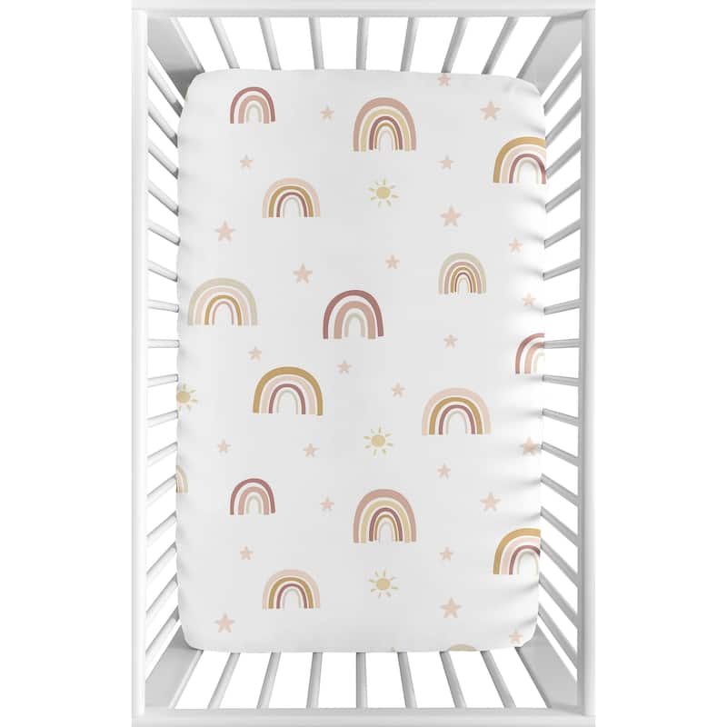 Boho Rainbow Baby Girl Fitted Mini Portable Crib Sheet - Blush Pink Dusty Rose Gold Yellow Mauve Beige Bohemian Stars Celestial