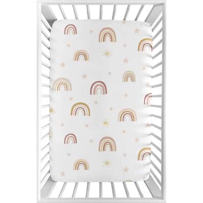 Boho Rainbow Baby Girl Fitted Mini Portable Crib Sheet - Blush Pink Dusty Rose Gold Yellow Mauve Beige Bohemian Stars Celestial