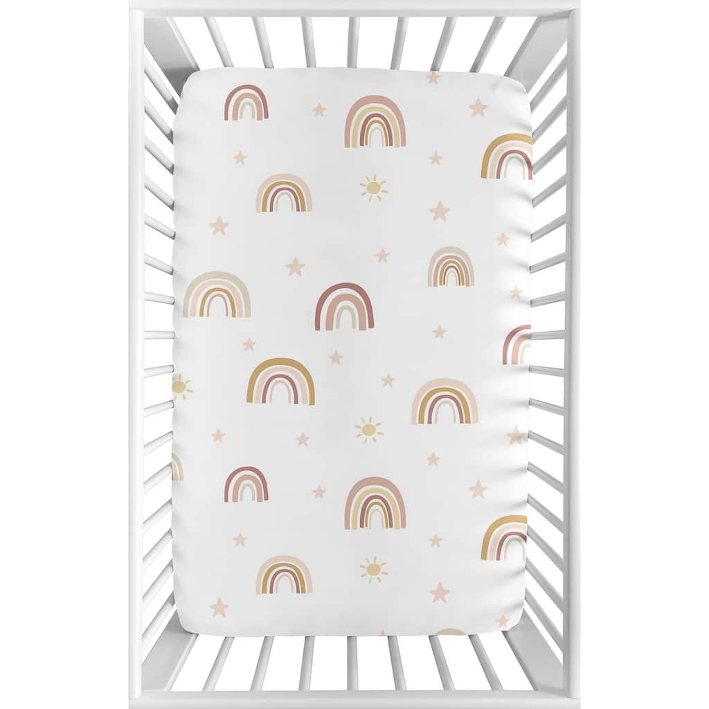 Boho Rainbow Baby Girl Fitted Mini Portable Crib Sheet - Blush Pink Dusty Rose Gold Yellow Mauve Beige Bohemian Stars Celestial