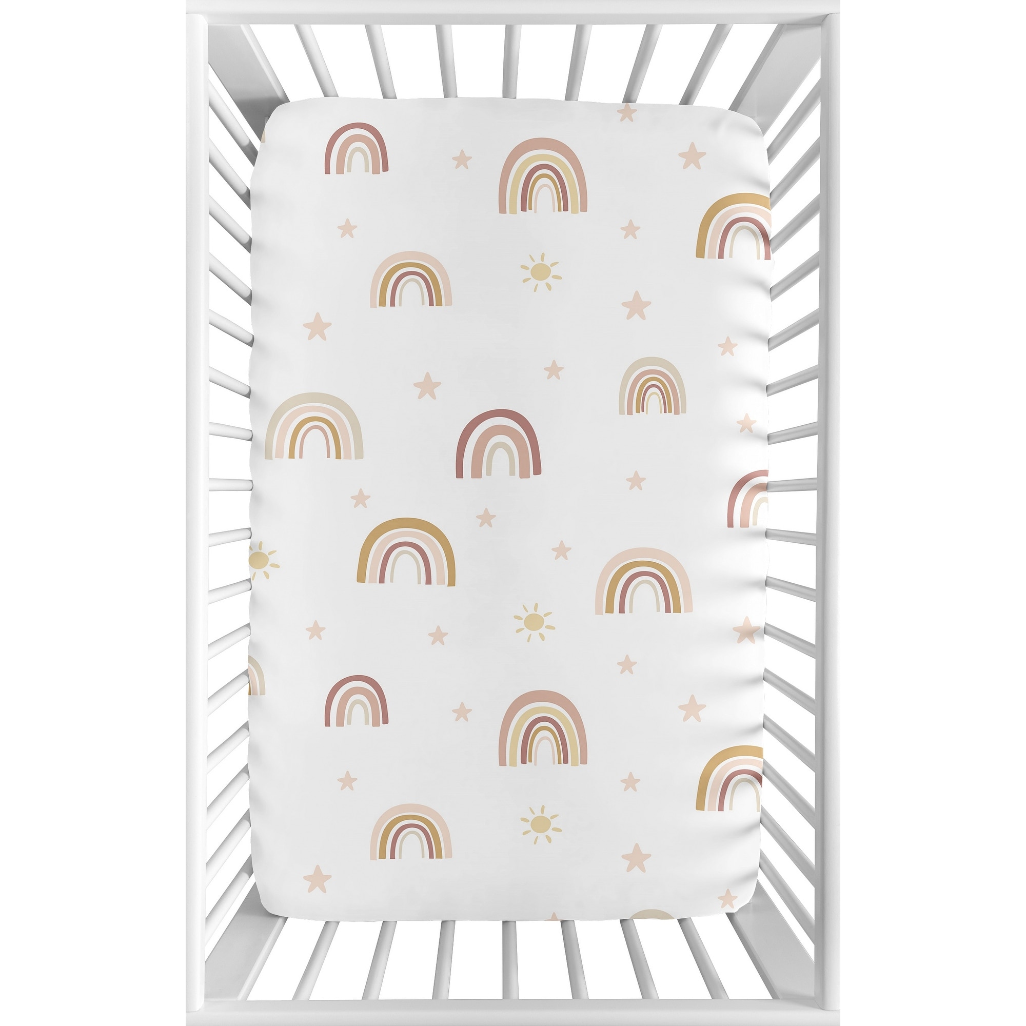 Boho Rainbow Baby Girl Fitted Mini Portable Crib Sheet - Blush Pink Dusty Rose Gold Yellow Mauve Beige Bohemian Stars Celestial