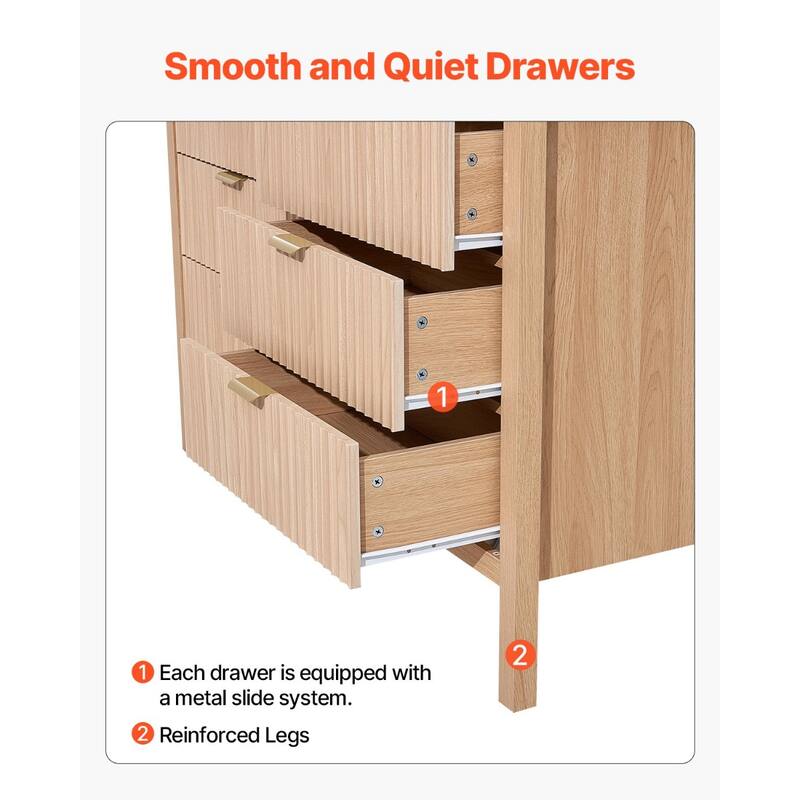 Light Wood MDF Drawer Dresser with Drawers, Wavy Design and Metal Handles
