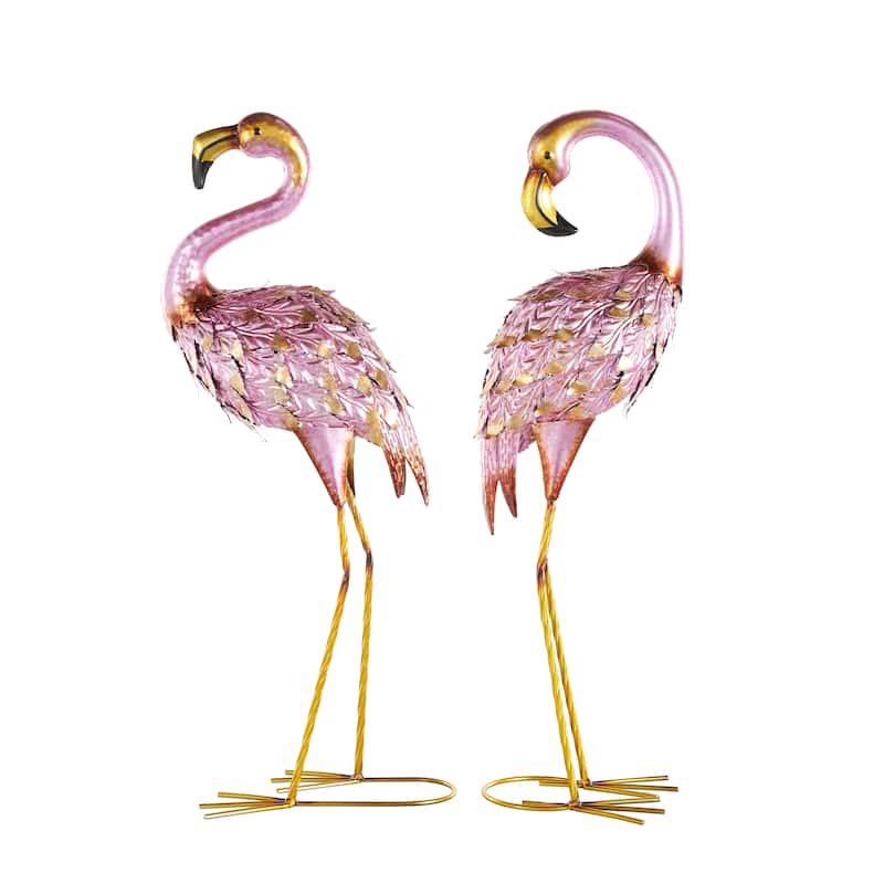 Pink Metal Flamingo Decorative Garden Sculpture with Dimensional Feathers and Gold Accents (Set of 2)