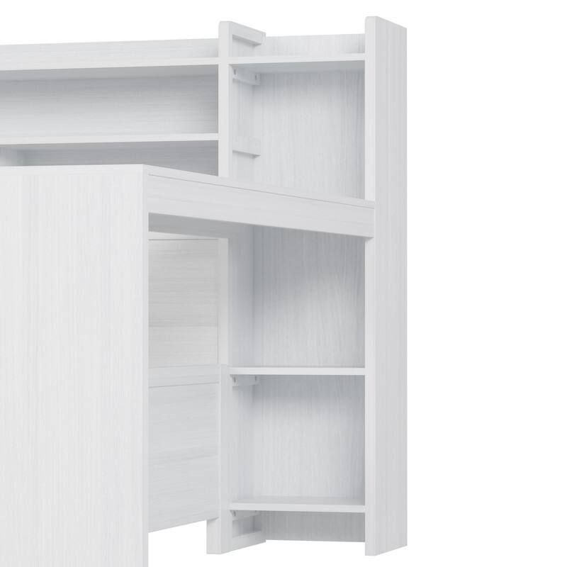 Twin/Full Size Multifunctional Daybed with Storage Shelves and Desk, Wooden Platform Bed Frame with Twin Size Trundle