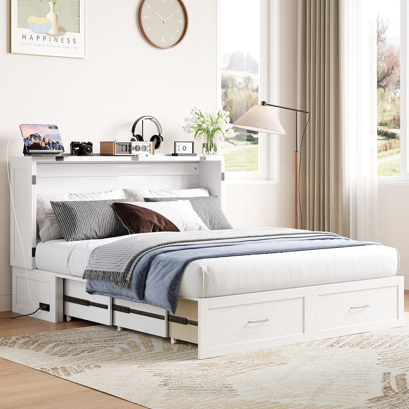 Mixoy Queen Modern Murphy Bed Chest with Mattress,Storage Drawer,Charging Station