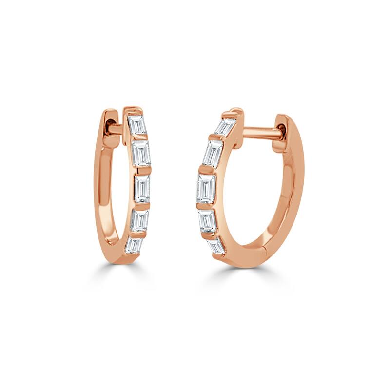 Joelle Collection Diamond Baguette Huggie Earring - 14K Gold Earrings 1/4 CTTW Baguette Hoops With Certified Diamonds - Rose