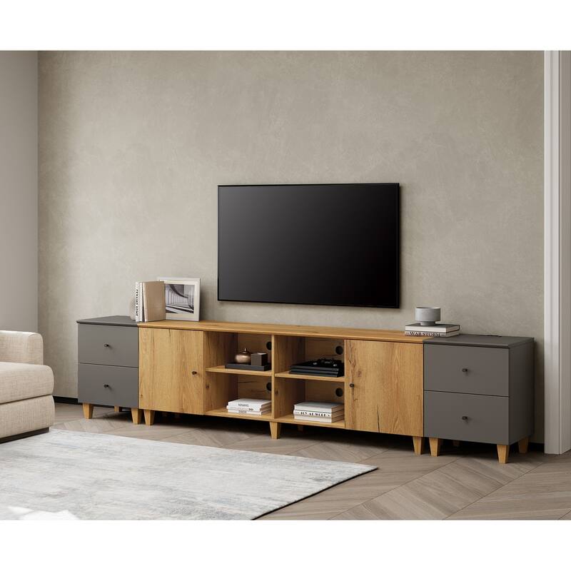 WAMPAT Wood TV Stand with Drawer & Charging Station for 100 Inches TVs