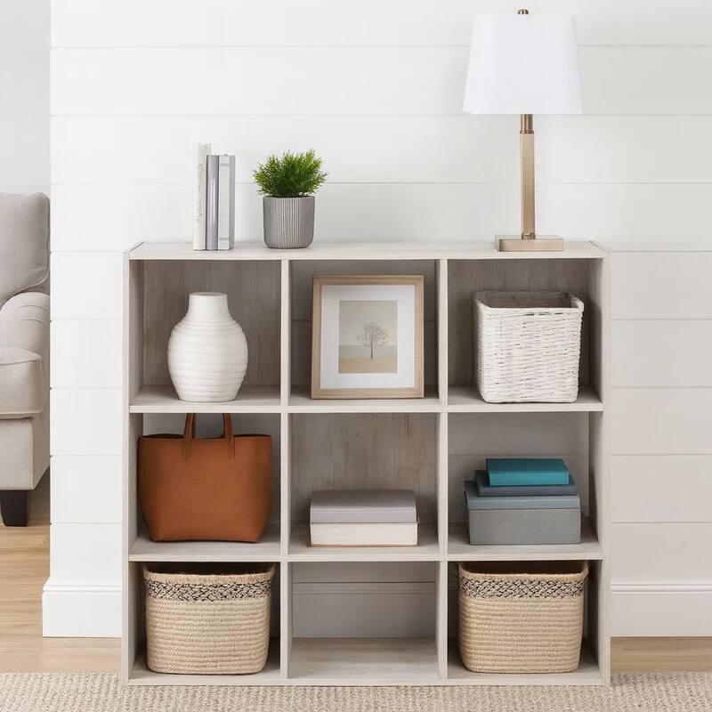9 Cube Wooden Organizer with Grain Details, Washed White