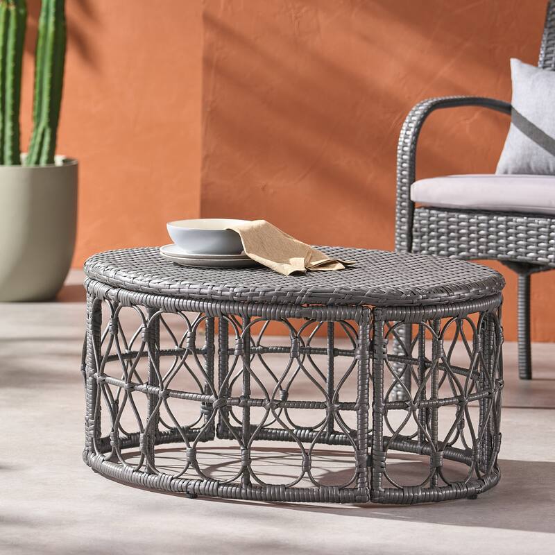 Roomfitters Bruce Outdoor Wicker Coffee Table with Looped Design, Boho Patio Centerpiece Table, Grey