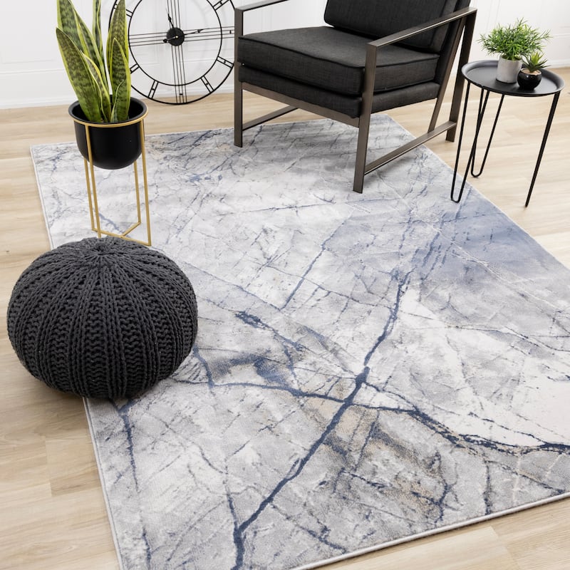 London Blue Grey White Cracked Lines Area Rug, 5'3" x 7'7"