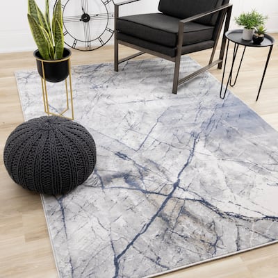 London Blue Grey White Cracked Lines Area Rug, 5'3" x 7'7"