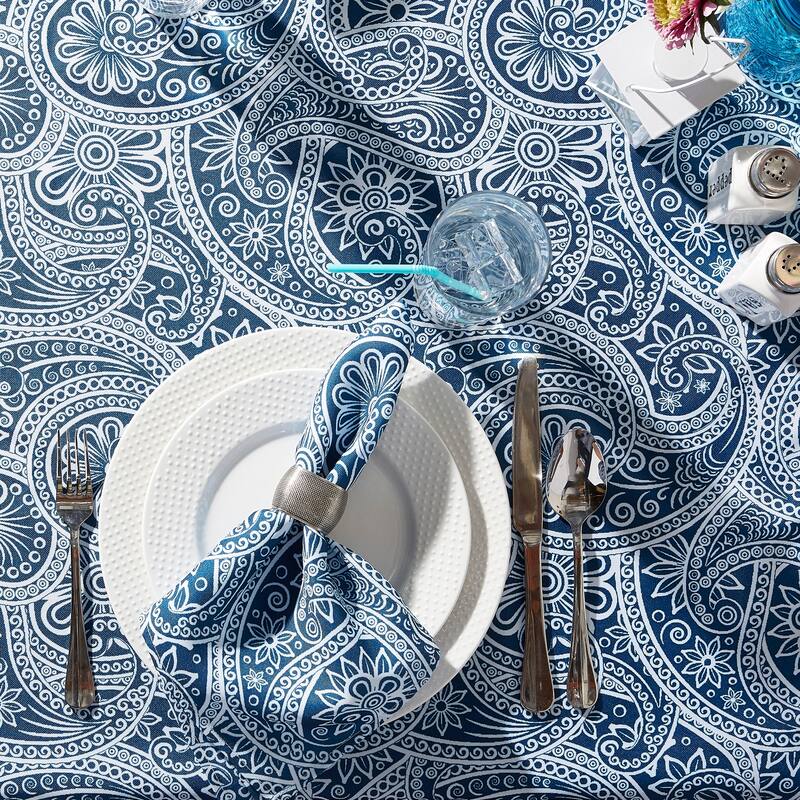 Paisley Zippered Round Outdoor Tablecloth - 60" - Blue and White