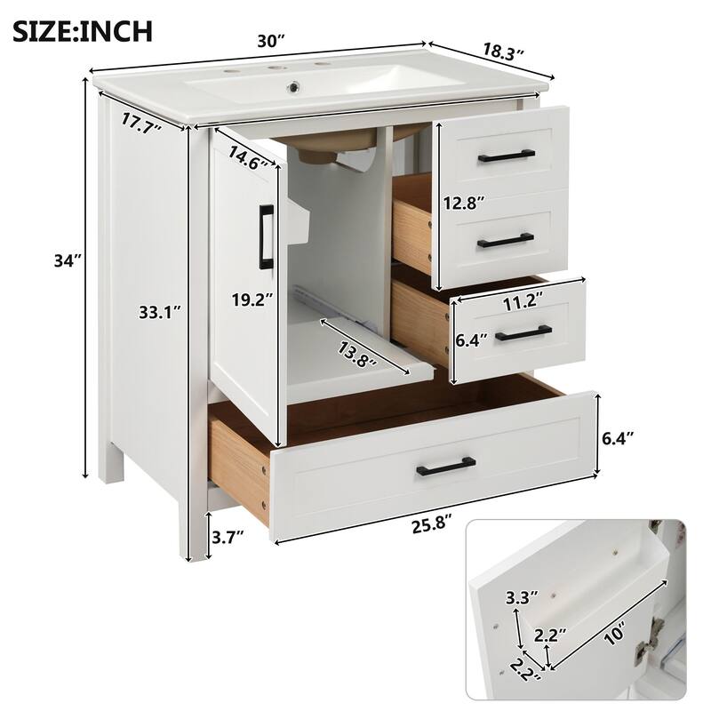 30" Bathroom Vanity with Sink Combo, Storage Cabinet with 3 Soft-Close Drawers and Removable Tray
