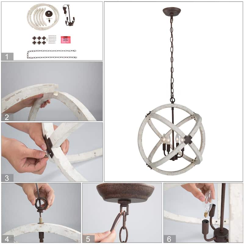 Rinia Farmhouse Rustic Orb Chandelier 4-light Solid Wood White Globe Dining Light for Entryway - L20" xW20 "xH22.2"