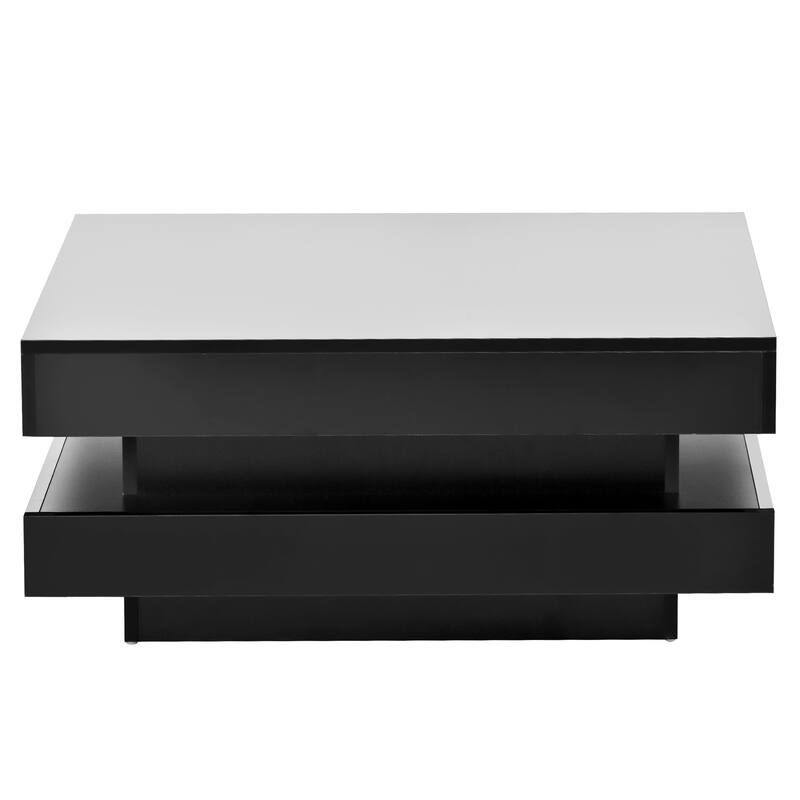 Fashion Simple Coffee Table 2 Tier Square Coffee Table with LED Light Anti-Scratch Plastic Feet, for Living Room