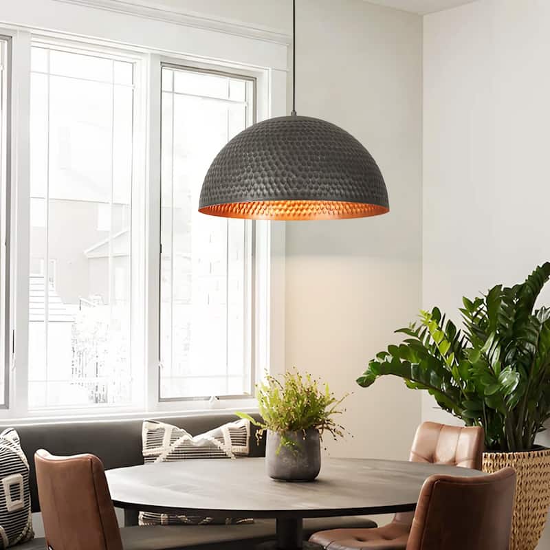 19.7" 1-Light Modern Industrial Black/Green Hand-Hammered Iron Dome Pendant Light for Dining Room