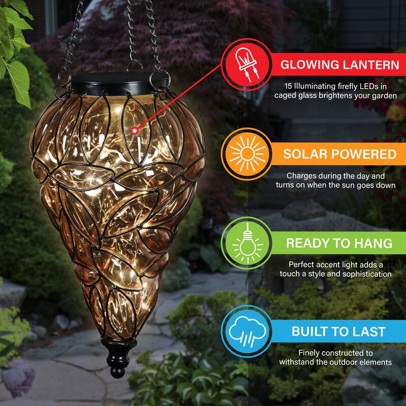 Exhart Solar Tear Shaped Hand Blown Glass Hanging Lantern with Fifteen LED lights, 7 by 24 Inches