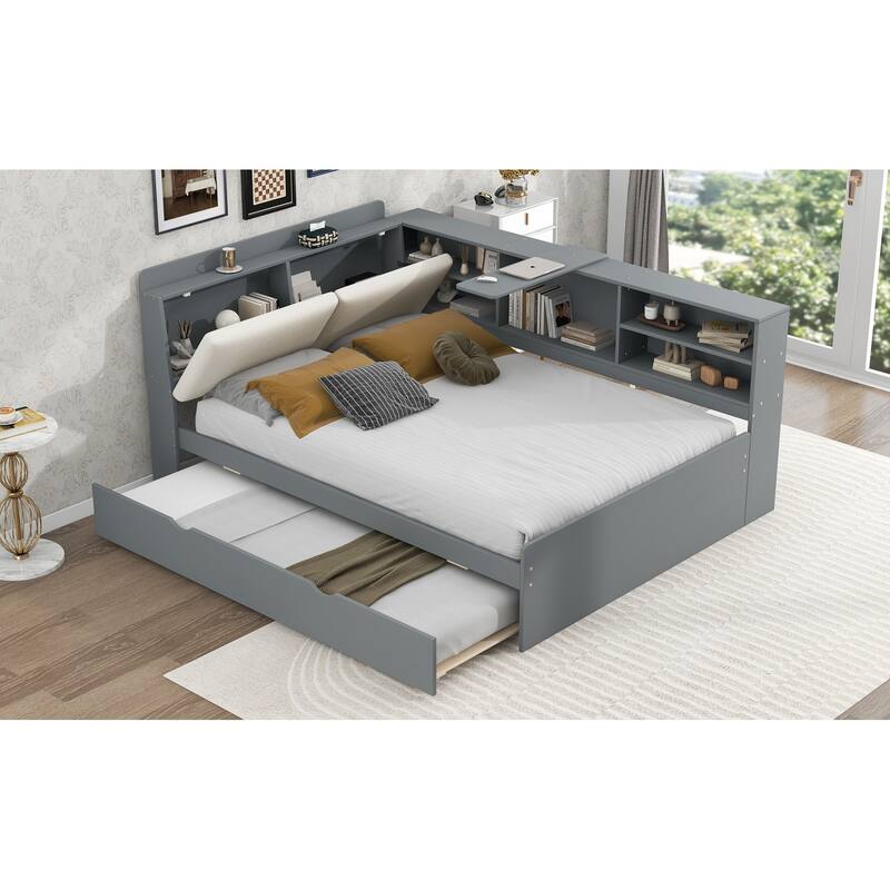 Full Size Platform Bed with Trundle, Storage Headboard, and Shelves in Gray