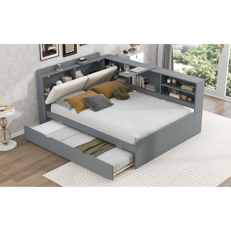 Wood Full Size Platform Bed, Storage Daybed Frame with Trundle, Shelves & Storage Upholstered Headboard, L Shaped Full Floor-Bed